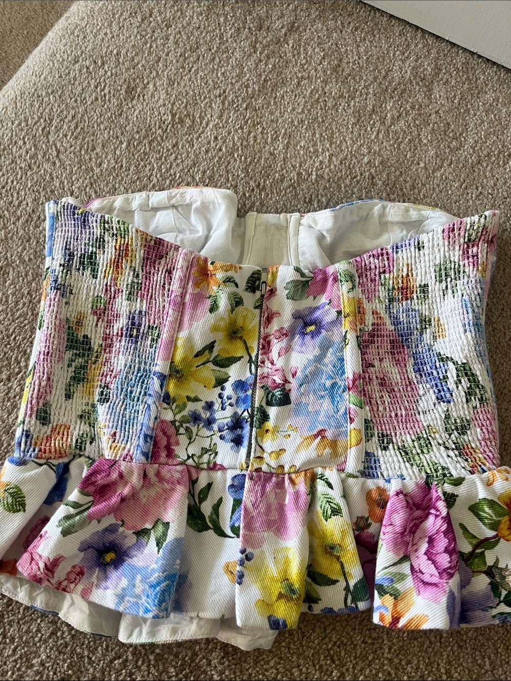 Vici Floral Peplum Corset Top in White with Pink, Blue & Yellow Blooms - Picture 5 of 6